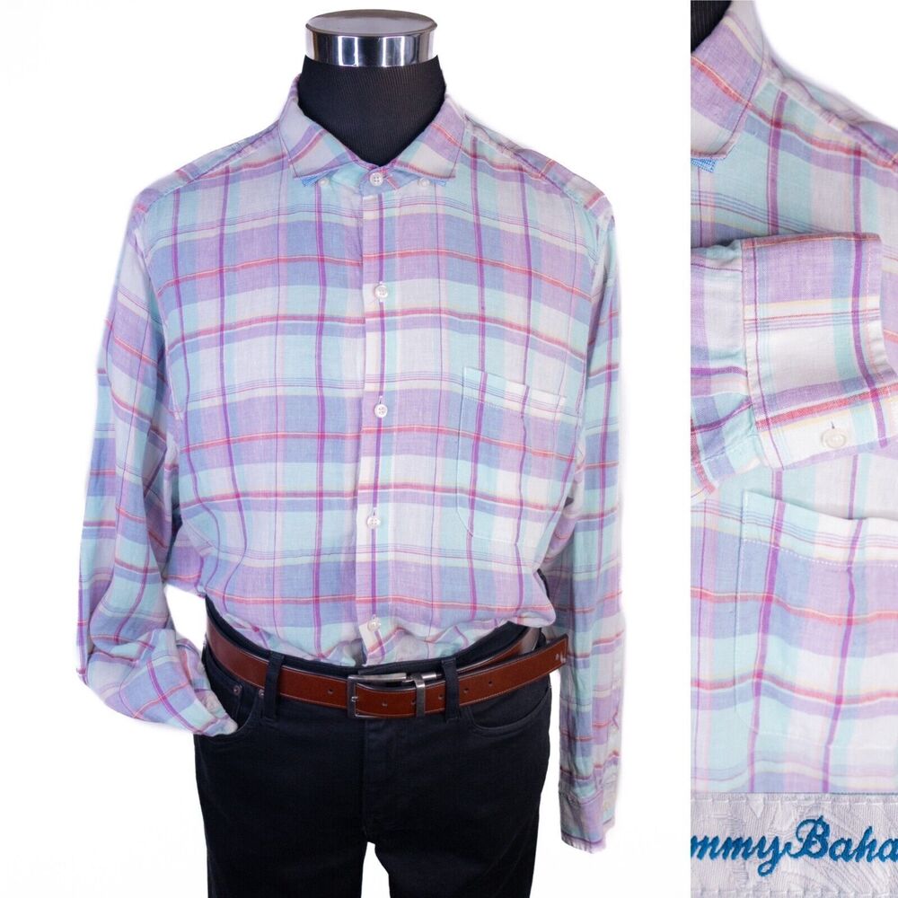 Tommy Bahama LINEN Windowpane Long Sleeve Cuff Shirt Mens XL/TG Button Down